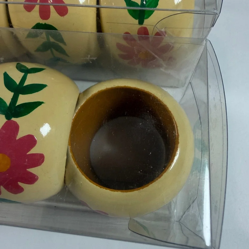 New Pottery Barn Mango Wood Floral Painted Napkin Rings Two Sets‎ of 4 Spring!